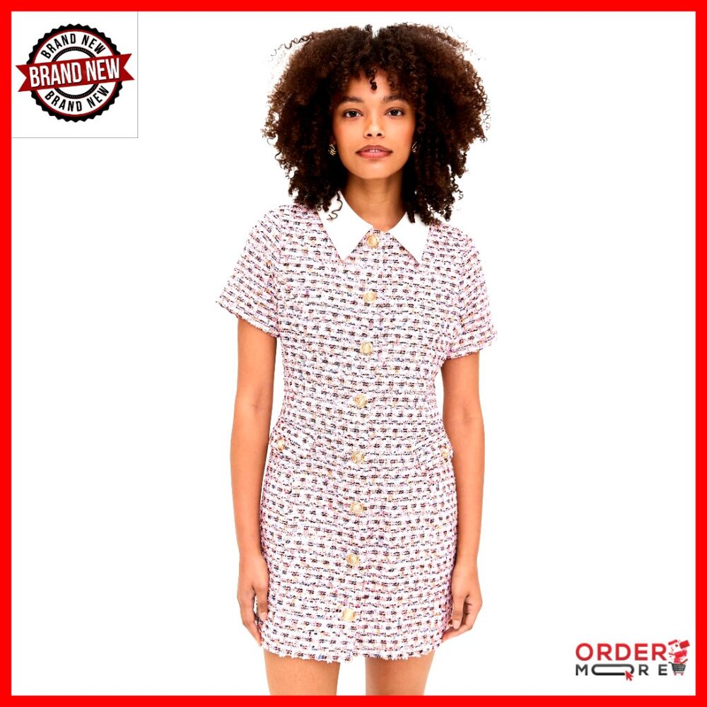 Tweed Collared Short Sleeve Dress With Gold Buttons